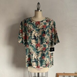 VTG 100% silk short sleeve tropical print blouse - NWT deadstock 80s earth tones